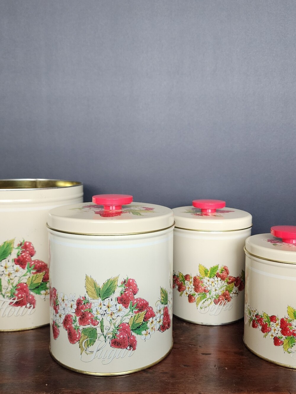 7 Piece Vintage Parmeco Metal Kitchen Canister Nesting Set Strawberries Flower